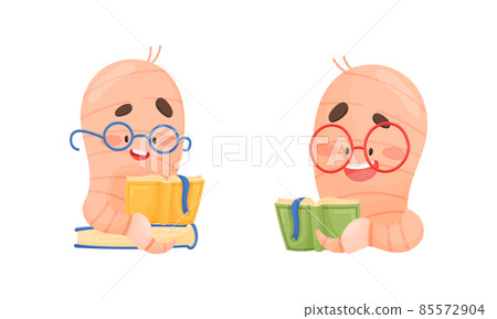 Cute Book Worm Character in Glasses with Book in Hard Cover Vector Set Cute Book Worm Character in Glasses with Book in Hard Cover Vector Set 85572904
