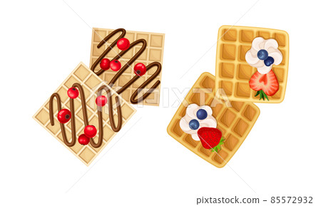 Waffle with Surface Impression Topped with Berry and Cream Vector Set Waffle with Surface Impression Topped with Berry and Cream Vector Set 85572932