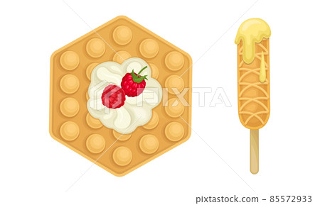 Waffle with Surface Impression Topped with Berry and Cream Vector Set 85572933