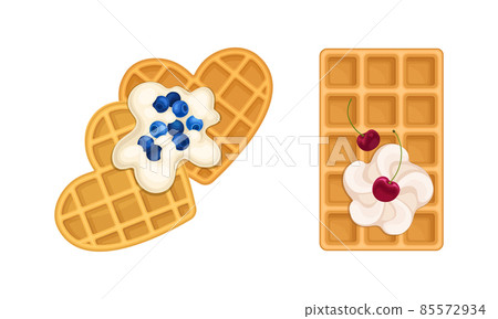 Waffle with Surface Impression Topped with Berry and Cream Vector Set Waffle with Surface Impression Topped with Berry and Cream Vector Set 85572934
