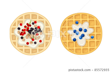 Waffle with Surface Impression Topped with Berry and Cream Vector Set Waffle with Surface Impression Topped with Berry and Cream Vector Set 85572935