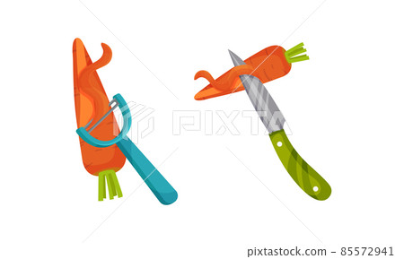 Peeling Carrot with Knife as Vegetable Cooking Process Vector Set 85572941