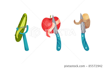 Peeling Cucumber, Apple and Potato with Knife as Vegetable Cooking Process Vector Set 85572942
