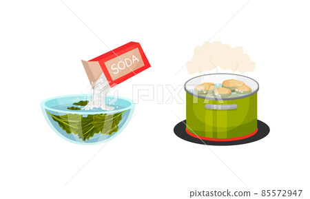 Greenery Water Steeping with Soda and Boiling Potato in Pot on Stove as Vegetable Cooking Process Vector Set 85572947