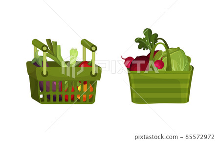 Bag and Basket Full of Fresh Vegetable from Greengrocery Vector Set Bag and Basket Full of Fresh Vegetable from Greengrocery Vector Set 85572972