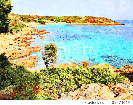 Watercolor painting of a glimpse of a bay with a beach during a sunny day Watercolor painting of a glimpse of a bay with a beach during a sunny day 85573049