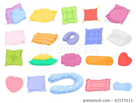 Multi colored pillow flat cartoon set. Home interior textile. Sofa bed sleep pillows mockup template. Classic feather, bamboo eco fabric. Isolated on white vector illustration 85573513