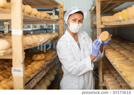 Woman in protective mask checking quality of cheese in cheese dairy.  85573618
