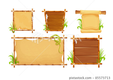 Set Frames from bamboo sticks, wooden planks, parchment paper decorated with rope, grass and liana in comic cartoon style isolated on white background. Border, jungle panel. Game asset, menu Set Frames from bamboo sticks, wooden planks, parchment paper decorated with rope, grass and liana in comic cartoon style isolated on white background. Border, jungle panel. Game asset, menu 85573713