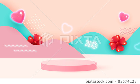 Minimalistic scene with pink cylindrical podium and flying hearts. Paper decorations in the background. Vector illustration Minimalistic scene with pink cylindrical podium and flying hearts. Paper decorations in the background. Vector illustration 85574125