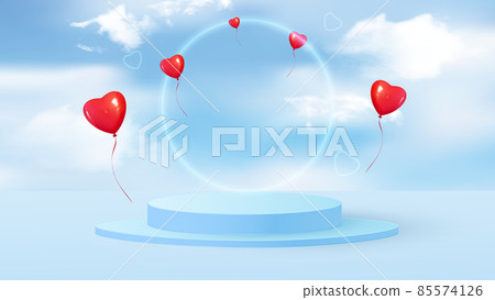 A minimalistic scene with a blue cylindrical podium, round frame and sky. Stage for product demonstration, showcase. Vector illustration 85574126