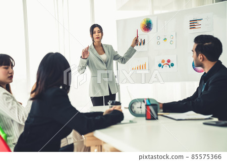 Business people proficiently discuss work project while sitting in circle Business people proficiently discuss work project while sitting in circle 85575366