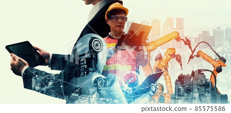 Mechanized industry robot and human worker working together in future factory 85575586