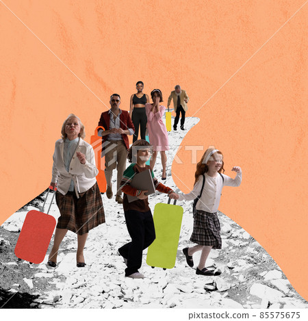 Contemporary artwork. Group of people of mixed ages leave planet in search of new life, opportunities. Global migration concept 85575675