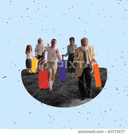 Contemporary artwork. Group of people of mixed ages leave planet in search of new life, opportunities. Global migration concept 85575677