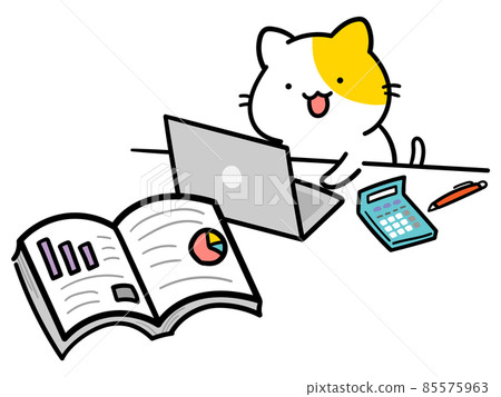 Handwritten style illustrations of cute cat characters that organize materials on a computer 85575963