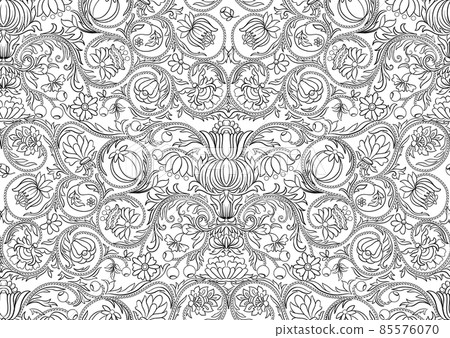 Fantasy flowers in retro, vintage, embroidery style. Seamless pattern, background. Fantasy flowers in retro, vintage, embroidery style. Seamless pattern, background. 85576070