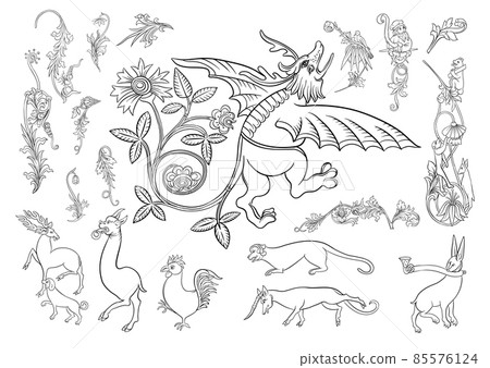 Floral vintage Medieval illuminati manuscript inspiration 85576124