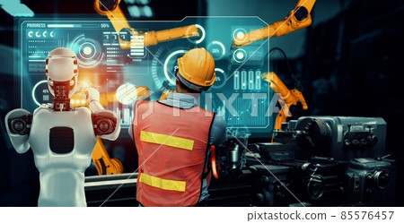 Mechanized industry robot and human worker working together in future factory Mechanized industry robot and human worker working together in future factory 85576457