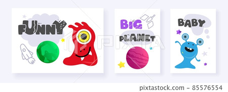 Funny Space Monster. Cute Alien, Planets, Rockets, UFOs. Postcards cards isolated on a white background. For souvenirs, textiles, office supplies. Vector illustration. Funny Space Monster. Cute Alien, Planets, Rockets, UFOs. Postcards cards isolated on a white background. For souvenirs, textiles, office supplies. Vector illustration. 85576554