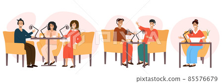 Internet radio podcast. Live streaming, broadcast flat vector illustration. Male and female social media network bloggers collaboration. Internet radio podcast. Live streaming, broadcast flat vector illustration. Male and female social media network bloggers collaboration. 85576679