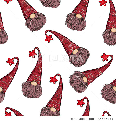 Seamless pattern illustration of a gnome with a beard in a hat. New year and christmas symbol on Seamless pattern illustration of a gnome with a beard in a hat. New year and christmas symbol on 85576753