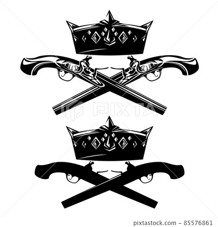 black vector design set of crossed dueling pistols with royal crown 85576861