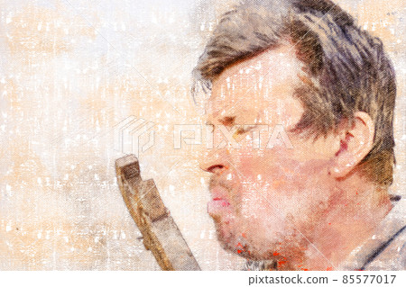 Profile of an Unshaven Man and a Rusty Hand Tool. Digital watercolor painting. 85577017