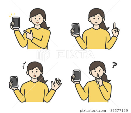 Illustration material of a young woman holding a mobile phone in one hand Illustration material of a young woman holding a mobile phone in one hand 85577139