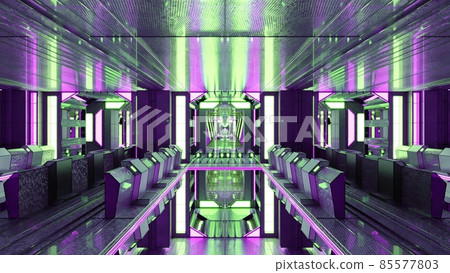 4K UHD 3D illustration of spaceship with geometric design and neon lights 4K UHD 3D illustration of spaceship with geometric design and neon lights 85577803