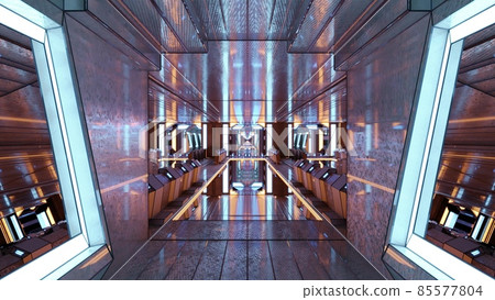 4K UHD 3D illustration of illuminated geometric corridor in skyscraper 85577804