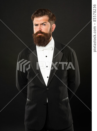 elegant butler in tuxedo on black background, formalwear elegant butler in tuxedo on black background, formalwear 85578236