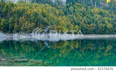 Beautiful view of idyllic colorful autumn scenery with Dachstein mountain summit reflecting in crystal clear Gosausee mountain lake in fall, Salzkammergut region, Upper Austria. 85578876