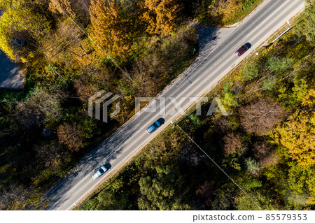 Automobile road in a forest area, top view from a height Automobile road in a forest area, top view from a height 85579353