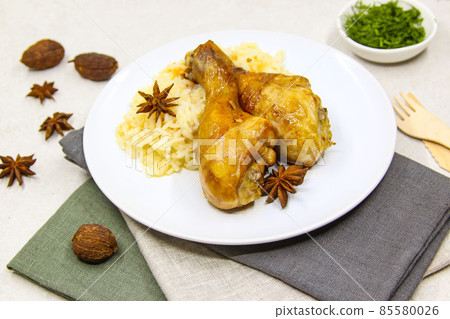 Appetizer chicken biryani in white plate Traditional Indian food. 85580026