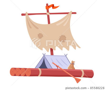 homemade wooden raft with tent and sail. 85580228