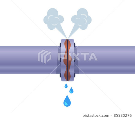 rusty pipe leaks and releases steam. 85580276