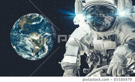 Astronaut spaceman do spacewalk while working for spaceflight mission 85580979