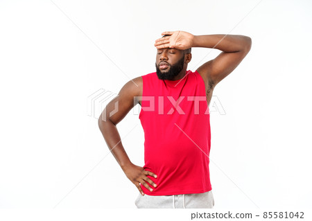 Young sport african american man unhappy and frustrated with something. Negative facial expression. Young sport african american man unhappy and frustrated with something. Negative facial expression. 85581042