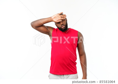 Young sport african american man unhappy and frustrated with something. Negative facial expression. Young sport african american man unhappy and frustrated with something. Negative facial expression. 85581064