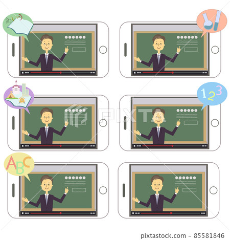 Illustration set for watching online lessons of male teachers on iPhone Five subjects Illustration set for watching online lessons of male teachers on iPhone Five subjects 85581846
