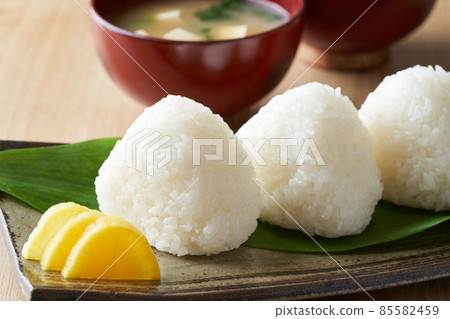 White rice balls and miso soup White rice balls and miso soup 85582459