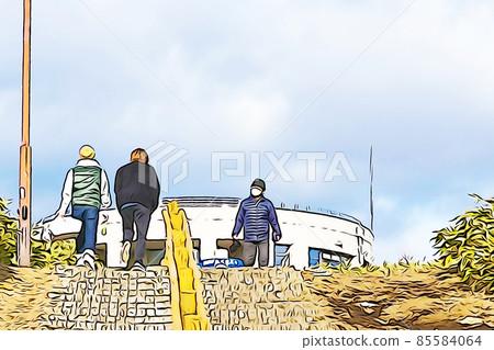 柔和的“海洋台展望台和北海道遊客”插圖圖像 85584064