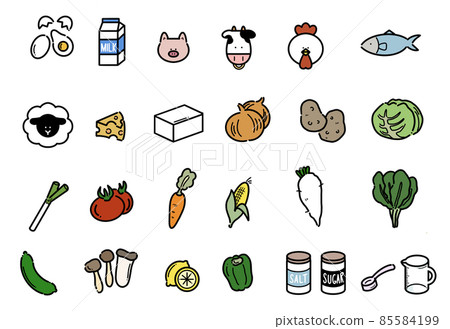 Illustrations of various ingredients and vegetables Illustrations of various ingredients and vegetables 85584199