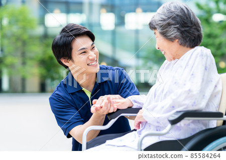 Elderly person in a wheelchair and a young man who is a certified care worker "LINK FOREST" Elderly person in a wheelchair and a young man who is a certified care worker "LINK FOREST" 85584264