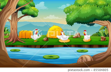 Farm scene with hen incubate the eggs in the nest 85584805