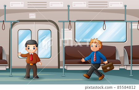 Cartoon man going to work riding the public transport 85584812