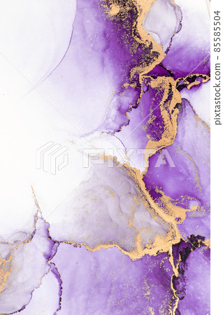 Purple gold abstract background of marble liquid ink art painting on paper . 85585504