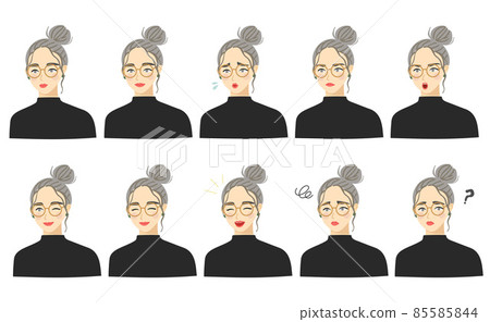 Female with bun hair and glasses Various facial expressions set Female with bun hair and glasses Various facial expressions set 85585844
