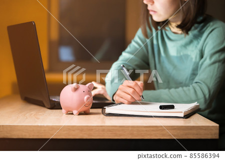 The girl puts her savings in a piggy bank. The girl puts her savings in a piggy bank. 85586394